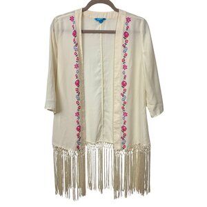 L'Amour Nanette Lepore M Floral Fringe Kimono Cardigan Cream Lightweight Boho La